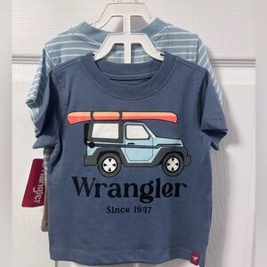 Wrangler Blue T-Shirt w/Car Design, Blue & White Striped T-Shirt, & Brown Shorts